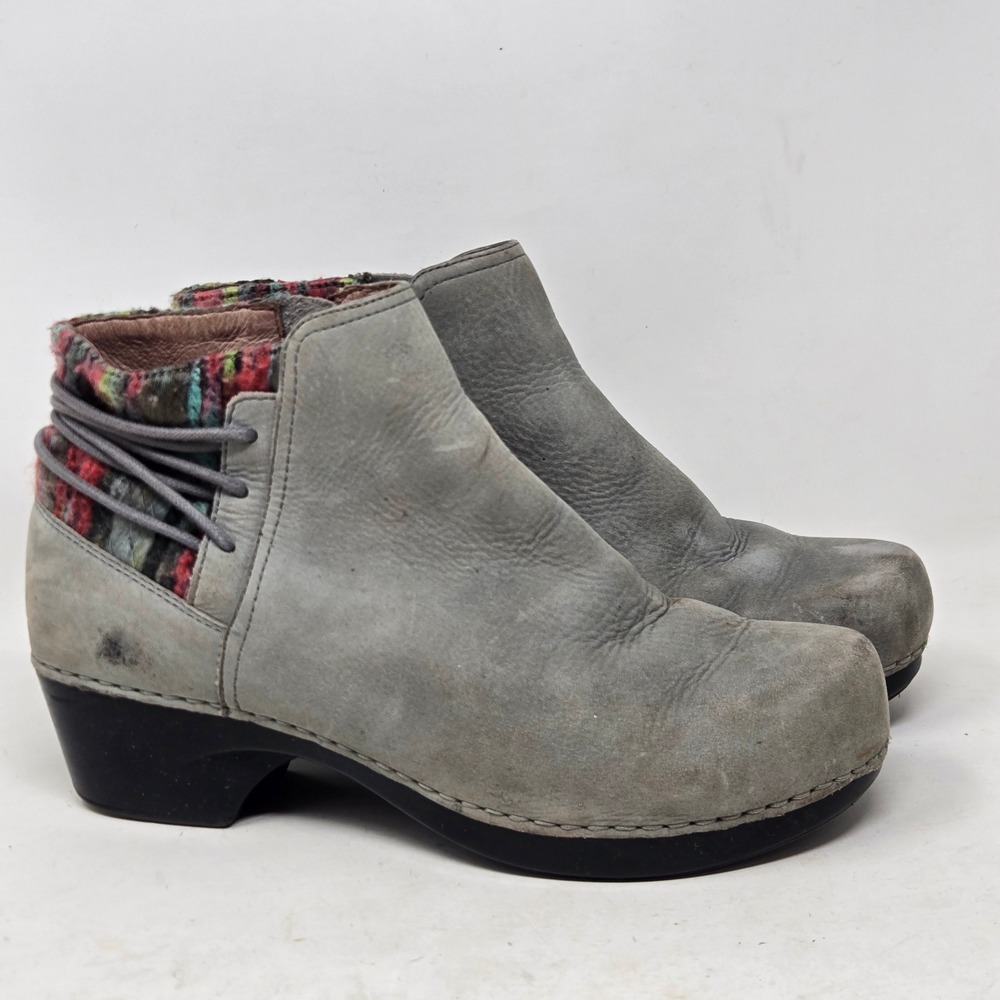 Dansko Tami Grey Nubuck Leather Wool Collar Ankle Boots Clog Booties 39